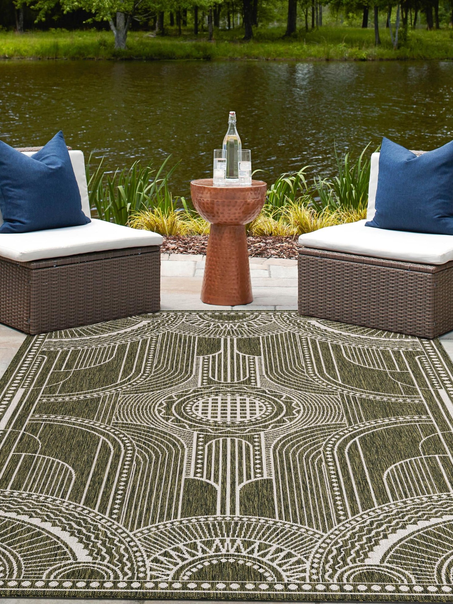 Green 6' 1 x 9' Outdoor Traditional Rectangle Area Rug Weather Resistant for Patio, Deck, Terrace, Balcony, Porch Classical Design Outside Carpet for Sale at Rug Engine