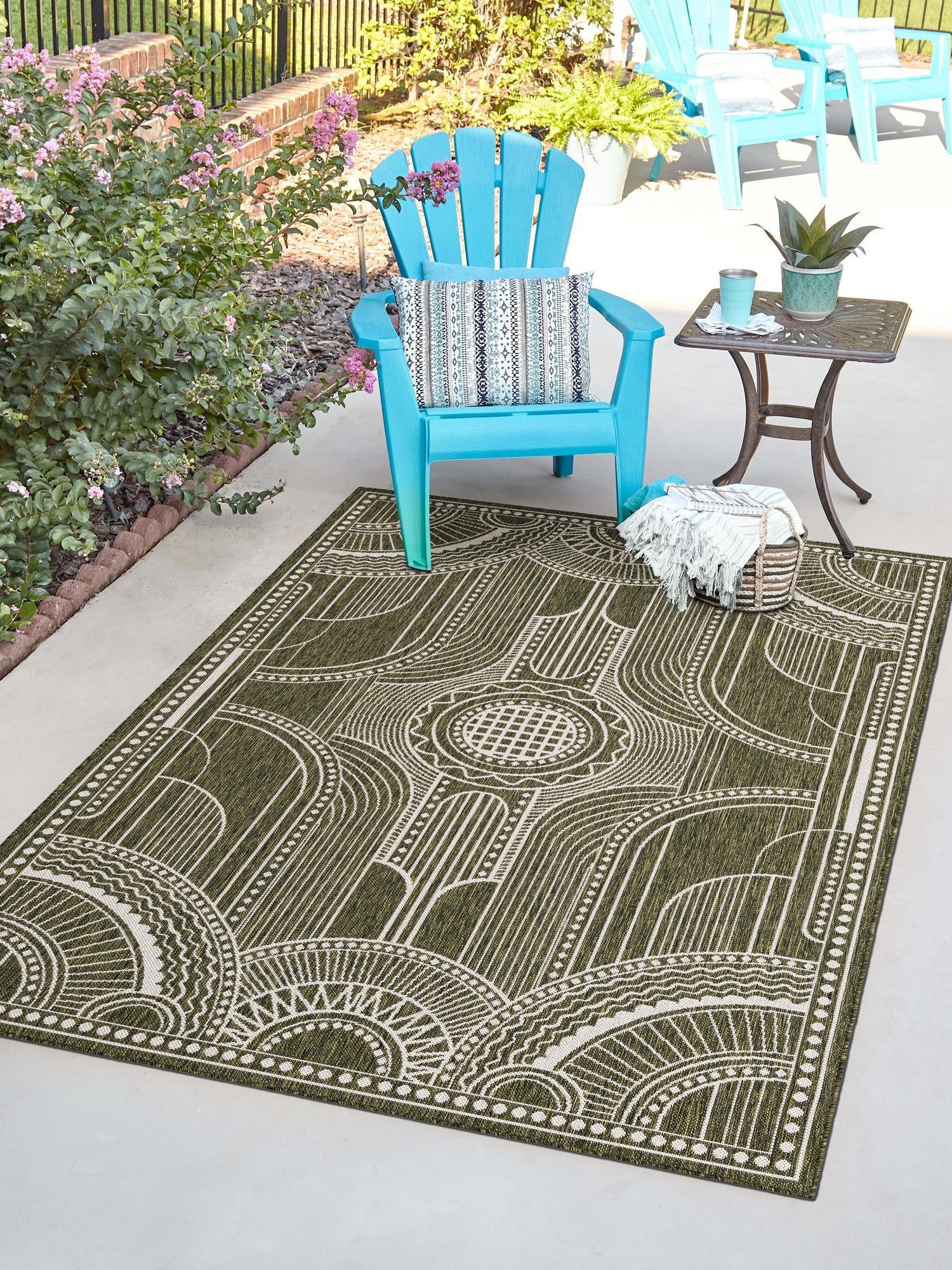 Green 4' 1 x 6' 1 Outdoor Traditional Rectangle Area Rug Weather Resistant for Patio, Deck, Terrace, Balcony, Porch Classical Design Outside Carpet for Sale at Rug Engine