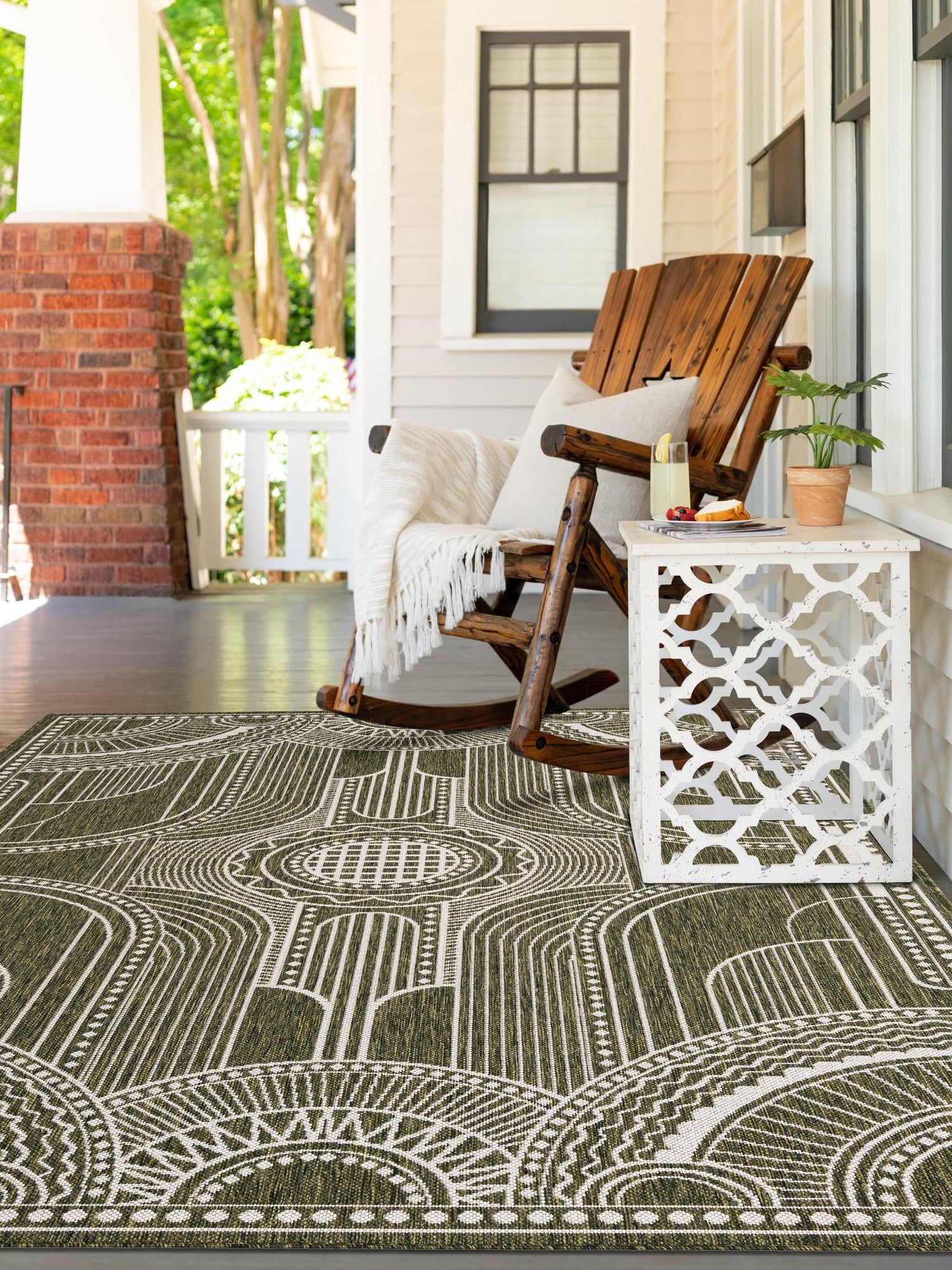 Green 4' 1 x 6' 1 Outdoor Traditional Rectangle Area Rug Weather Resistant for Patio, Deck, Terrace, Balcony, Porch Classical Design Outside Carpet for Sale at Rug Engine