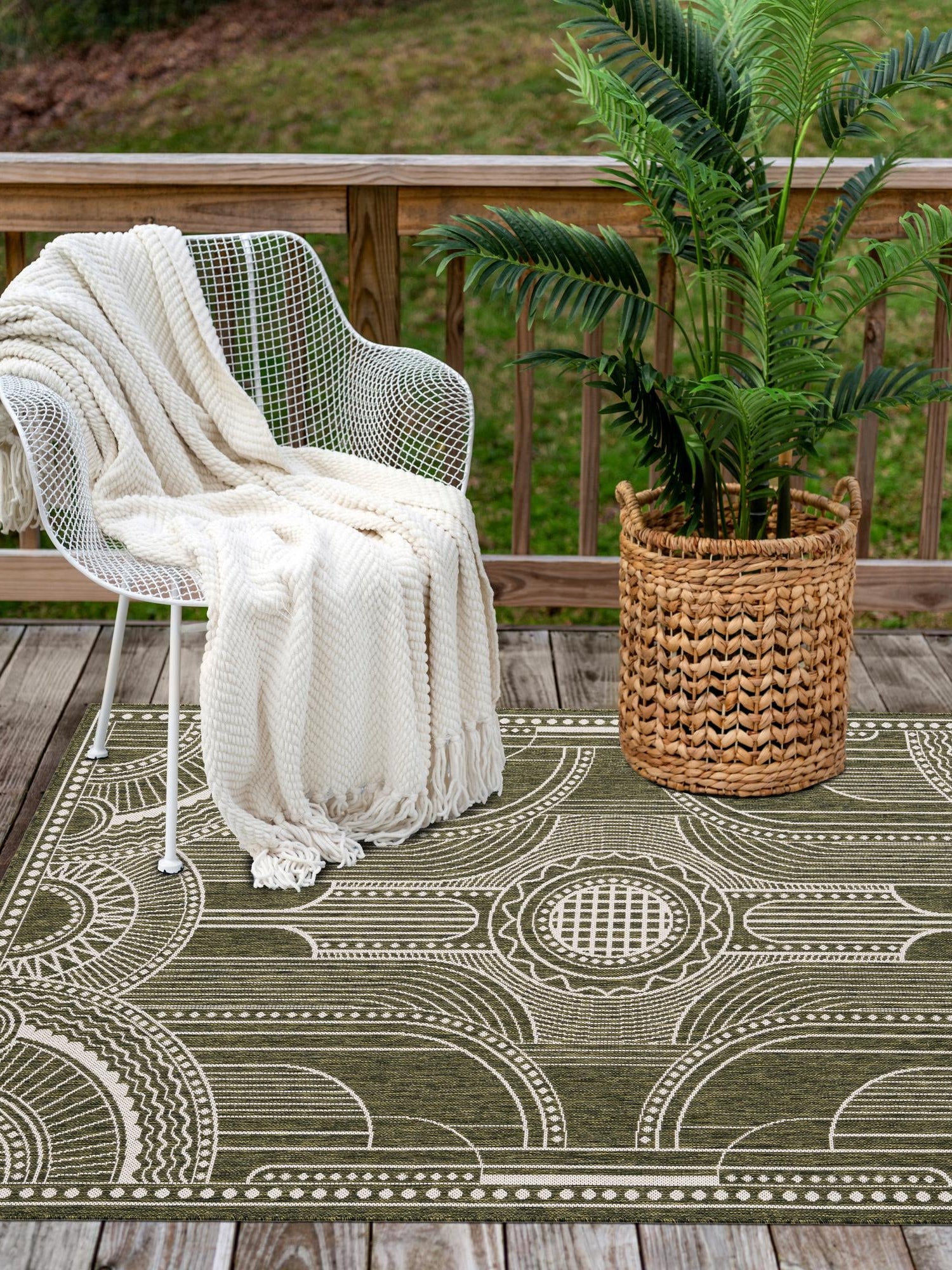 Green 5' 3 x 8' Outdoor Traditional Rectangle Area Rug Weather Resistant for Patio, Deck, Terrace, Balcony, Porch Classical Design Outside Carpet for Sale at Rug Engine