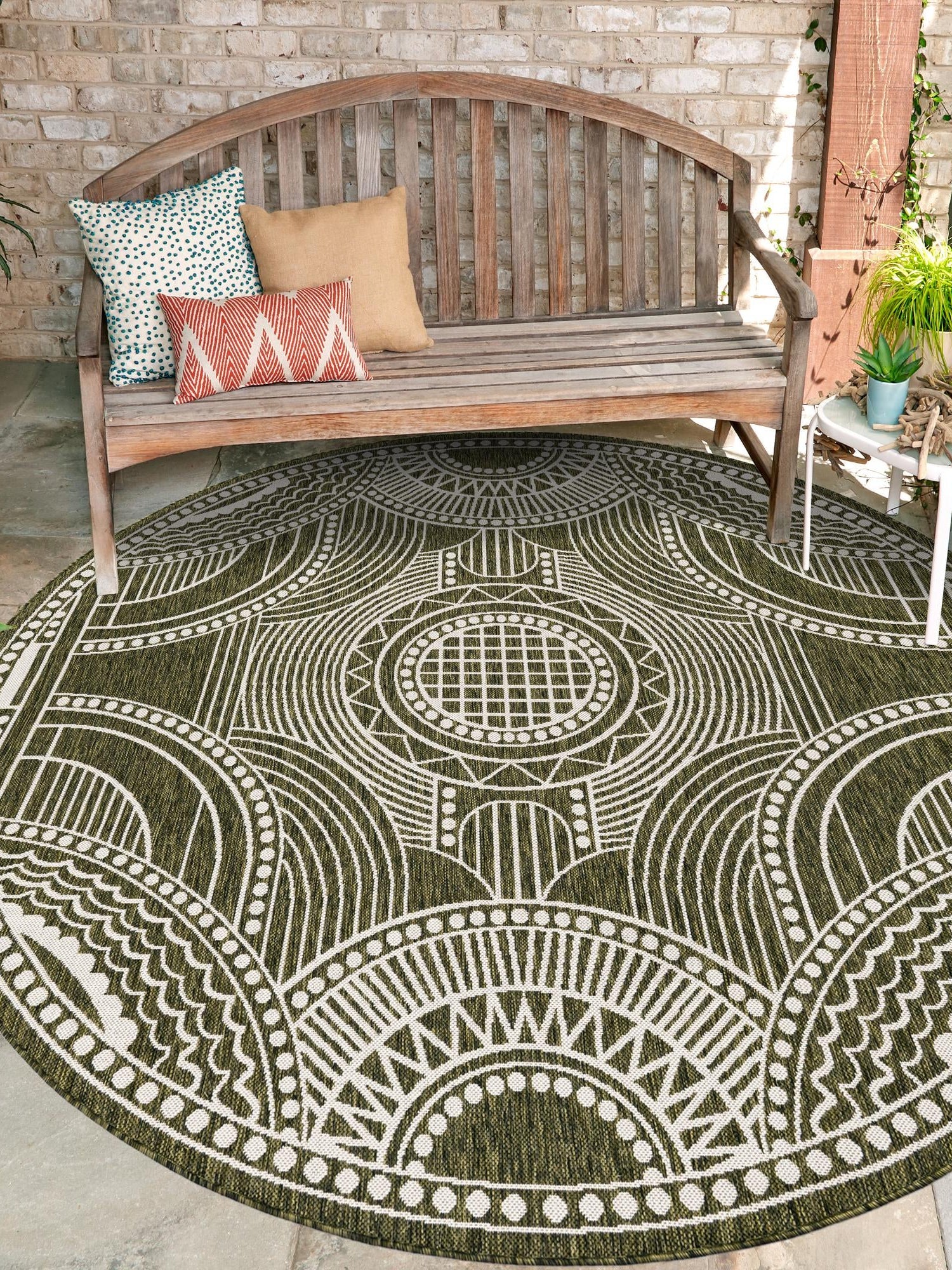 Green 6' 1 x 6' 1 Outdoor Traditional Round Area Rug Weather Resistant for Patio, Deck, Terrace, Balcony, Porch Classical Design Outside Carpet for Sale at Rug Engine