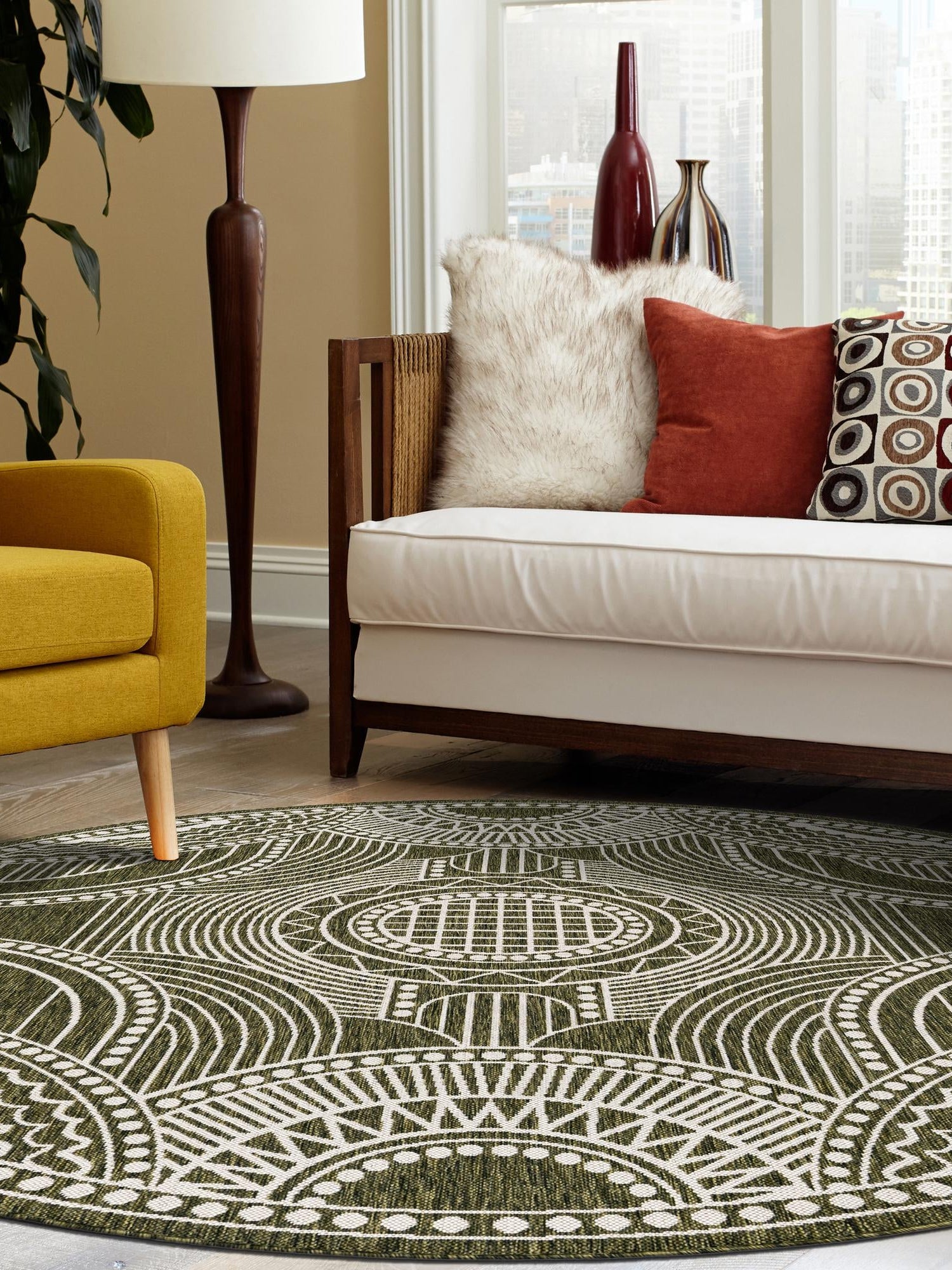 Green 6' 1 x 6' 1 Outdoor Traditional Round Area Rug Weather Resistant for Patio, Deck, Terrace, Balcony, Porch Classical Design Outside Carpet for Sale at Rug Engine