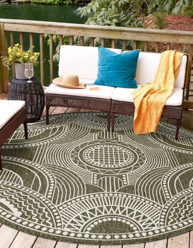 Green 12' x 12' Outdoor Traditional Round Area Rug Weather Resistant for Patio, Deck, Terrace, Balcony, Porch Classical Design Outside Carpet for Sale at Rug Engine