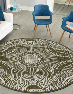 Green 10' x 10' Outdoor Traditional Round Area Rug Weather Resistant for Patio, Deck, Terrace, Balcony, Porch Classical Design Outside Carpet for Sale at Rug Engine