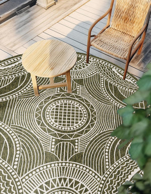 Green 10' x 10' Outdoor Traditional Round Area Rug Weather Resistant for Patio, Deck, Terrace, Balcony, Porch Classical Design Outside Carpet for Sale at Rug Engine