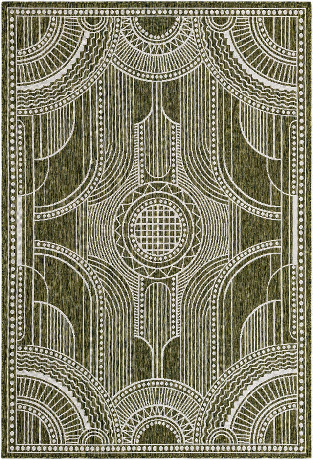 Green 6' 1 x 9' Outdoor Traditional Rectangle Area Rug Weather Resistant for Patio, Deck, Terrace, Balcony, Porch Classical Design Outside Carpet for Sale at Rug Engine