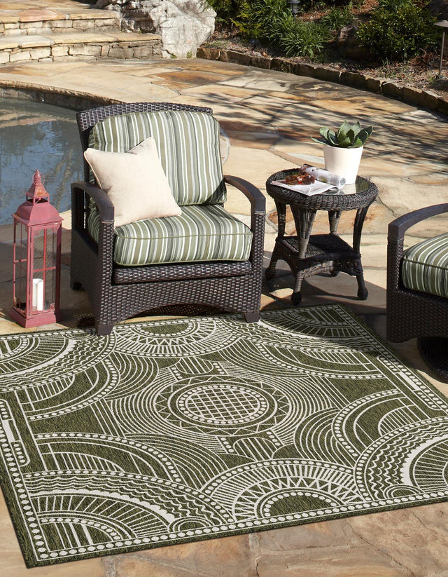 Green 7' 10 x 7' 10 Outdoor Traditional Square Area Rug Weather Resistant for Patio, Deck, Terrace, Balcony, Porch Classical Design Outside Carpet for Sale at Rug Engine