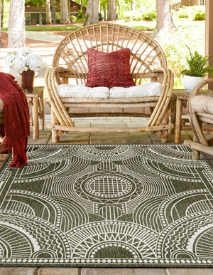 Green 7' 10 x 7' 10 Outdoor Traditional Square Area Rug Weather Resistant for Patio, Deck, Terrace, Balcony, Porch Classical Design Outside Carpet for Sale at Rug Engine