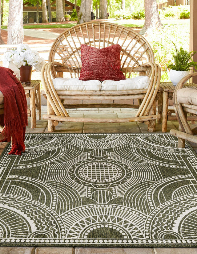 Green 10' x 10' Outdoor Traditional Square Area Rug Weather Resistant for Patio, Deck, Terrace, Balcony, Porch Classical Design Outside Carpet for Sale at Rug Engine