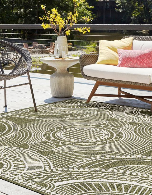 Green 12' x 12' Outdoor Traditional Square Area Rug Weather Resistant for Patio, Deck, Terrace, Balcony, Porch