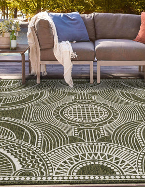 Green 12' x 12' Outdoor Traditional Square Area Rug Weather Resistant for Patio, Deck, Terrace, Balcony, Porch