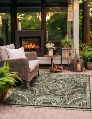 Green 7' 10 x 7' 10 Outdoor Traditional Square Area Rug Weather Resistant for Patio, Deck, Terrace, Balcony, Porch Classical Design Outside Carpet for Sale at Rug Engine