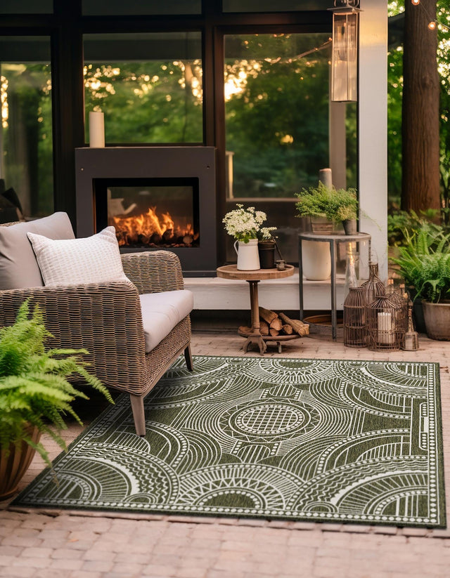 Green 10' x 10' Outdoor Traditional Square Area Rug Weather Resistant for Patio, Deck, Terrace, Balcony, Porch Classical Design Outside Carpet for Sale at Rug Engine