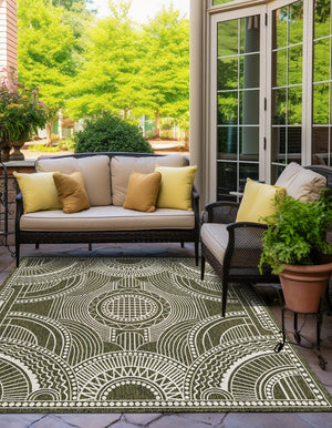 Green 7' 10 x 7' 10 Outdoor Traditional Square Area Rug Weather Resistant for Patio, Deck, Terrace, Balcony, Porch Classical Design Outside Carpet for Sale at Rug Engine