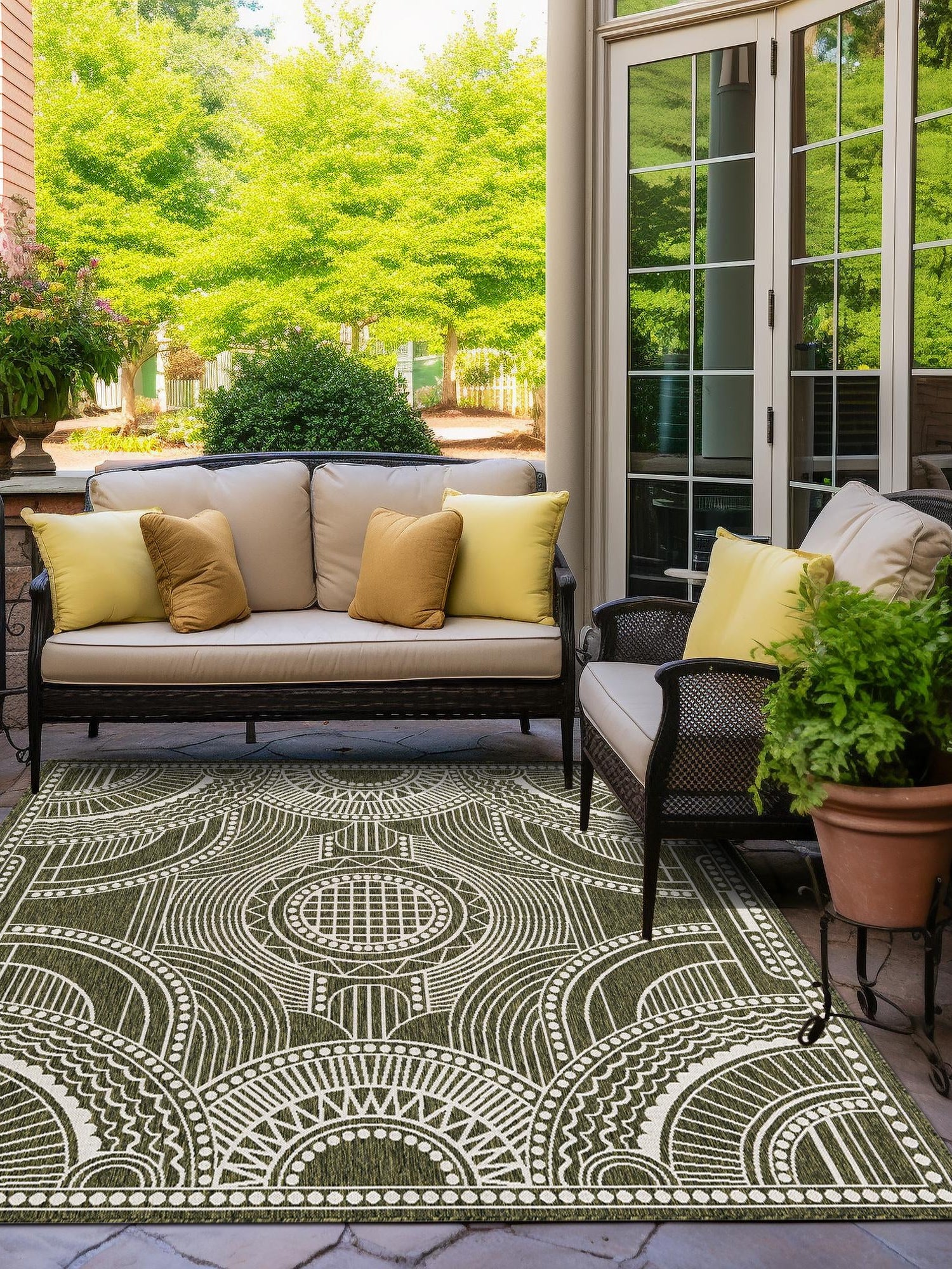 Green 10' x 10' Outdoor Traditional Square Area Rug Weather Resistant for Patio, Deck, Terrace, Balcony, Porch Classical Design Outside Carpet for Sale at Rug Engine