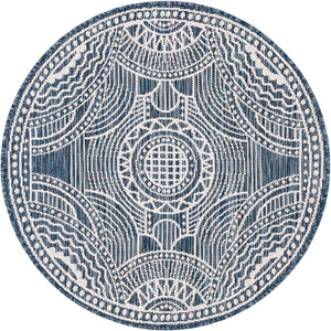 Blue 3' 1 x 3' 1 Outdoor Traditional Round Area Rug Weather Resistant for Patio, Deck, Terrace, Balcony, Porch Classical Design Outside Carpet for Sale at Rug Engine