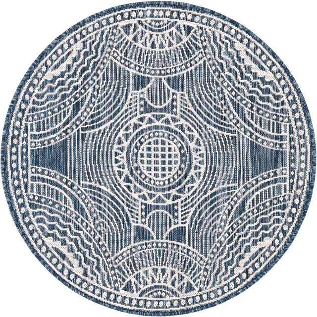 Blue 3' 1 x 3' 1 Outdoor Traditional Round Area Rug Weather Resistant for Patio, Deck, Terrace, Balcony, Porch Classical Design Outside Carpet for Sale at Rug Engine