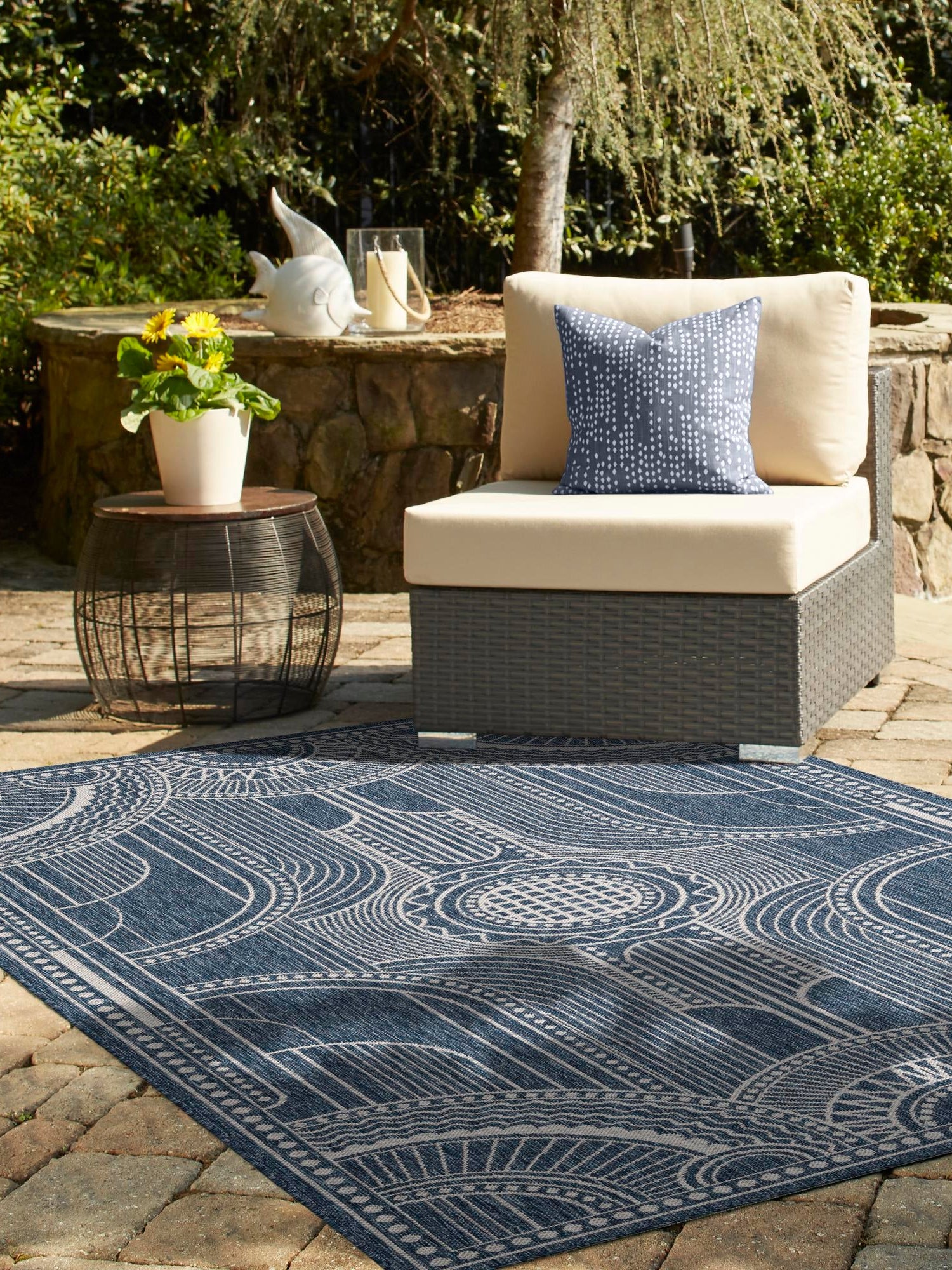 Blue 9' x 12' Outdoor Traditional Rectangle Area Rug Weather Resistant for Patio, Deck, Terrace, Balcony, Porch Classical Design Outside Carpet for Sale at Rug Engine