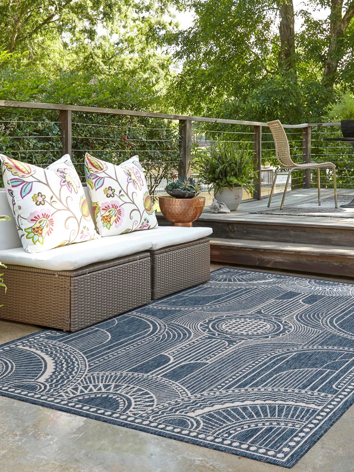 Blue 4' 1 x 6' 1 Outdoor Traditional Rectangle Area Rug Weather Resistant for Patio, Deck, Terrace, Balcony, Porch Classical Design Outside Carpet for Sale at Rug Engine