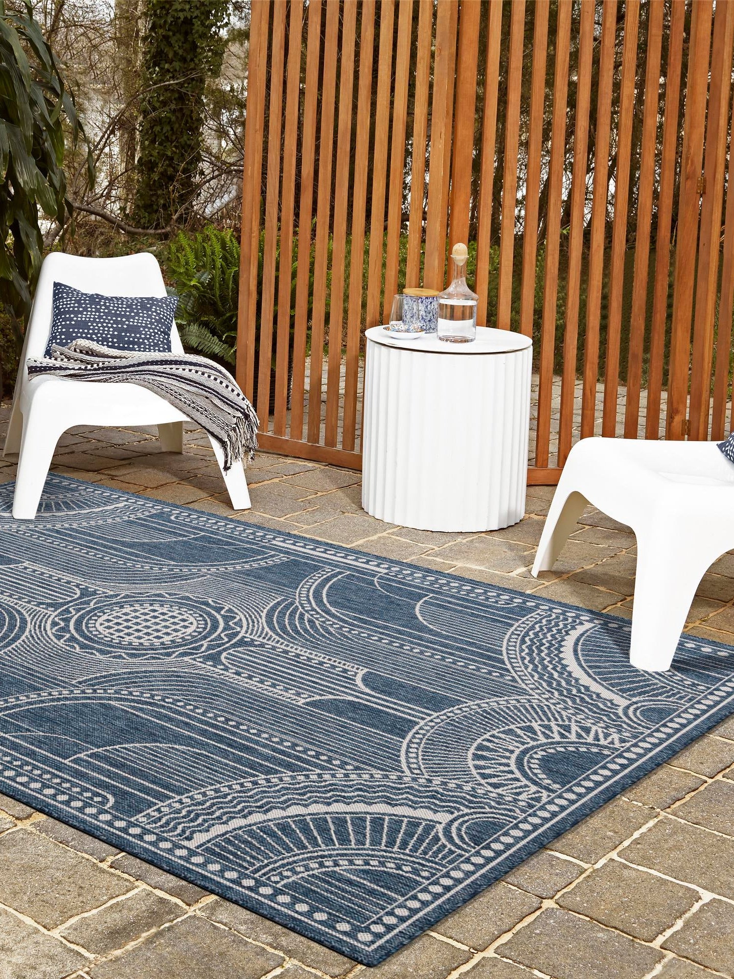 Blue 9' x 12' Outdoor Traditional Rectangle Area Rug Weather Resistant for Patio, Deck, Terrace, Balcony, Porch Classical Design Outside Carpet for Sale at Rug Engine