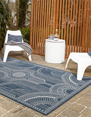 Blue 9' x 12' Outdoor Traditional Rectangle Area Rug Weather Resistant for Patio, Deck, Terrace, Balcony, Porch Classical Design Outside Carpet for Sale at Rug Engine