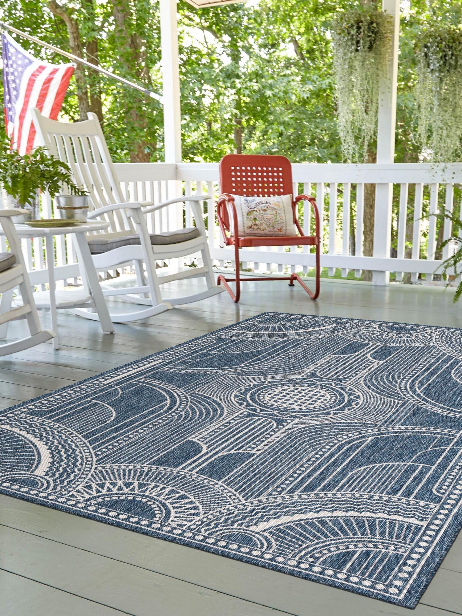 Blue 5' 3 x 7' 1 Outdoor Traditional Rectangle Area Rug Weather Resistant for Patio, Deck, Terrace, Balcony, Porch Classical Design Outside Carpet for Sale at Rug Engine