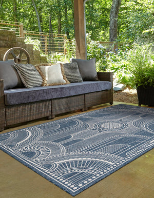 Blue 5' 3 x 8' Outdoor Traditional Rectangle Area Rug Weather Resistant for Patio, Deck, Terrace, Balcony, Porch Classical Design Outside Carpet for Sale at Rug Engine