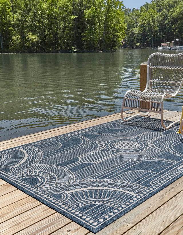Blue 7' 10 x 10' Outdoor Traditional Rectangle Area Rug Weather Resistant for Patio, Deck, Terrace, Balcony, Porch Classical Design Outside Carpet for Sale at Rug Engine