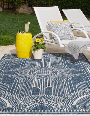 Blue 7' 10 x 10' Outdoor Traditional Rectangle Area Rug Weather Resistant for Patio, Deck, Terrace, Balcony, Porch Classical Design Outside Carpet for Sale at Rug Engine