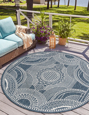 Blue 7' 10 x 7' 10 Outdoor Traditional Round Area Rug Weather Resistant for Patio, Deck, Terrace, Balcony, Porch Classical Design Outside Carpet for Sale at Rug Engine