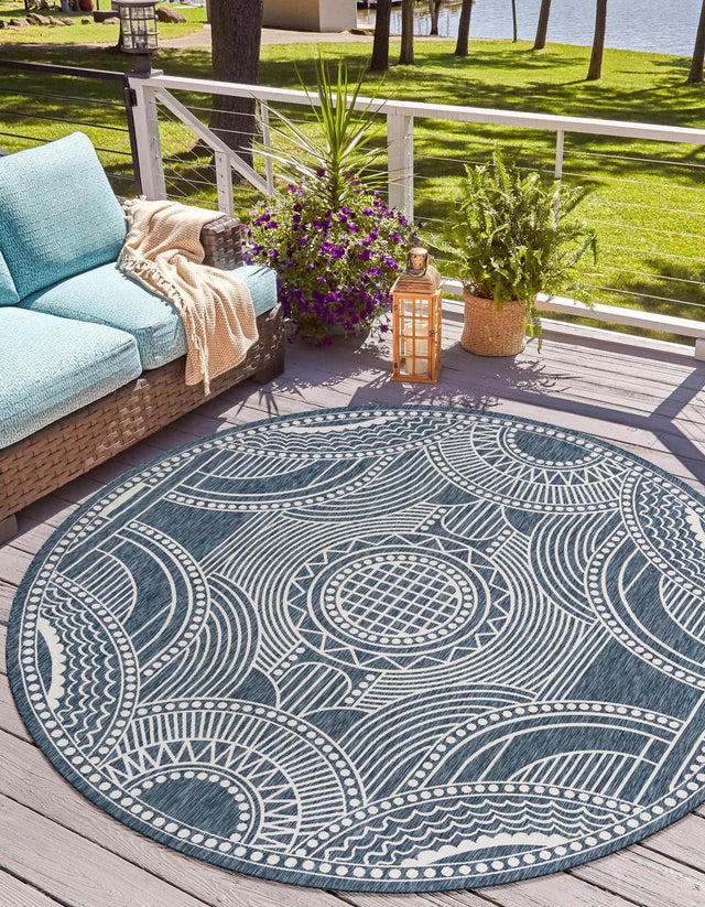 Blue 12' x 12' Outdoor Traditional Round Area Rug Weather Resistant for Patio, Deck, Terrace, Balcony, Porch Classical Design Outside Carpet for Sale at Rug Engine