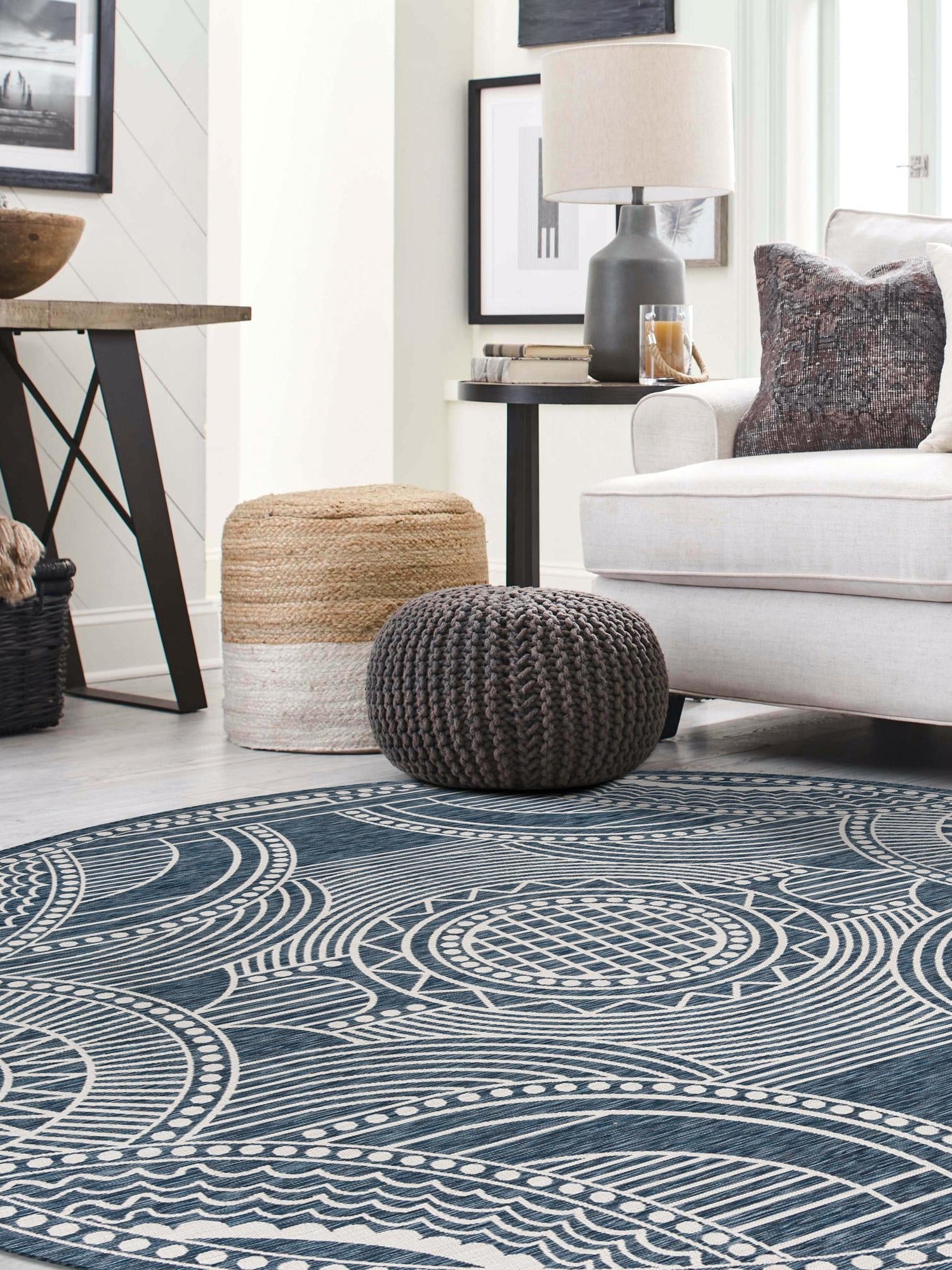 Blue 12' x 12' Outdoor Traditional Round Area Rug Weather Resistant for Patio, Deck, Terrace, Balcony, Porch Classical Design Outside Carpet for Sale at Rug Engine