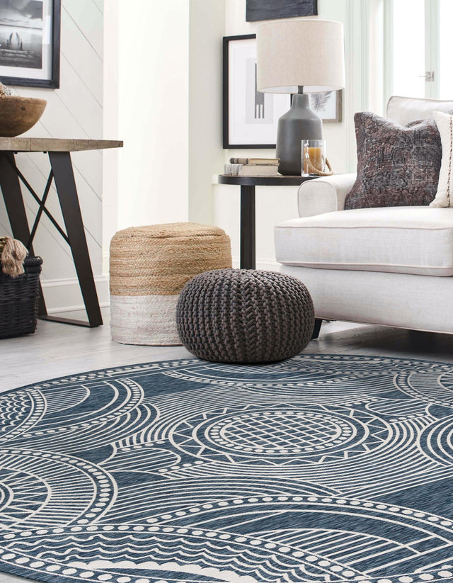 Blue 12' x 12' Outdoor Traditional Round Area Rug Weather Resistant for Patio, Deck, Terrace, Balcony, Porch Classical Design Outside Carpet for Sale at Rug Engine