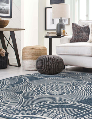 Blue 3' 1 x 3' 1 Outdoor Traditional Round Area Rug Weather Resistant for Patio, Deck, Terrace, Balcony, Porch Classical Design Outside Carpet for Sale at Rug Engine