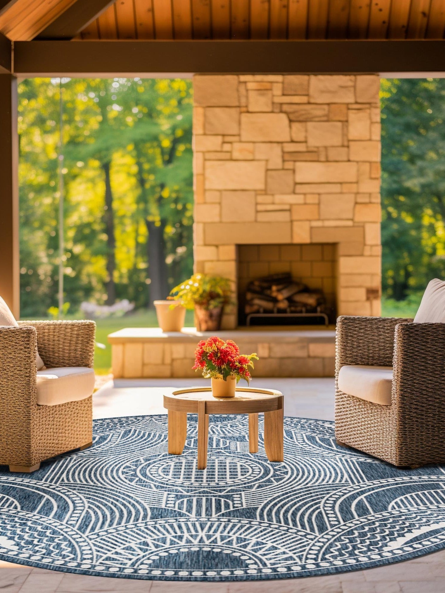 Blue 7' 10 x 7' 10 Outdoor Traditional Round Area Rug Weather Resistant for Patio, Deck, Terrace, Balcony, Porch Classical Design Outside Carpet for Sale at Rug Engine