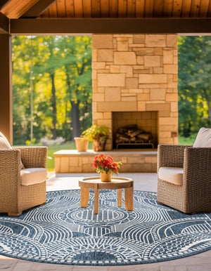 Blue 12' x 12' Outdoor Traditional Round Area Rug Weather Resistant for Patio, Deck, Terrace, Balcony, Porch Classical Design Outside Carpet for Sale at Rug Engine