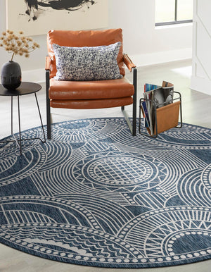 Blue 6' 1 x 6' 1 Outdoor Traditional Round Area Rug Weather Resistant for Patio, Deck, Terrace, Balcony, Porch Classical Design Outside Carpet for Sale at Rug Engine