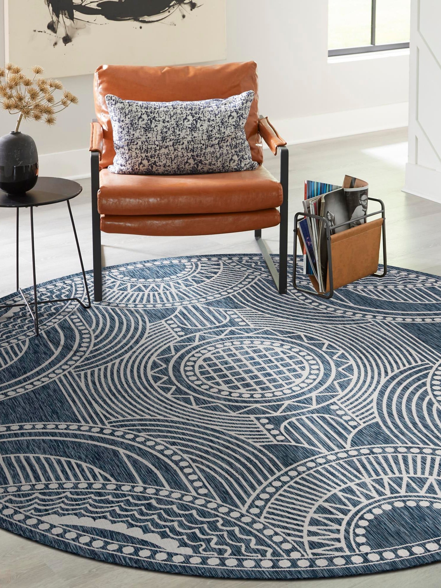 Blue 3' 1 x 3' 1 Outdoor Traditional Round Area Rug Weather Resistant for Patio, Deck, Terrace, Balcony, Porch Classical Design Outside Carpet for Sale at Rug Engine