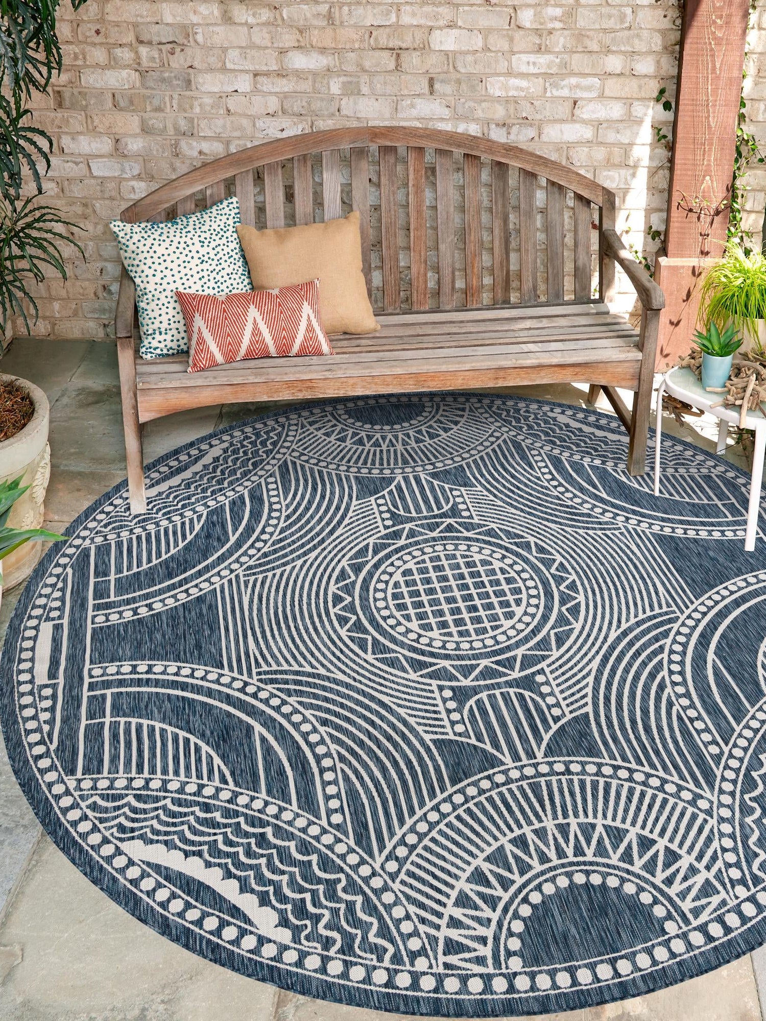 Blue 10' x 10' Outdoor Traditional Round Area Rug Weather Resistant for Patio, Deck, Terrace, Balcony, Porch Classical Design Outside Carpet for Sale at Rug Engine