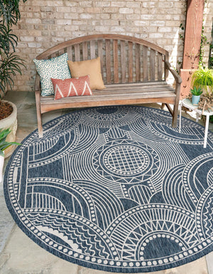 Blue 10' x 10' Outdoor Traditional Round Area Rug Weather Resistant for Patio, Deck, Terrace, Balcony, Porch Classical Design Outside Carpet for Sale at Rug Engine