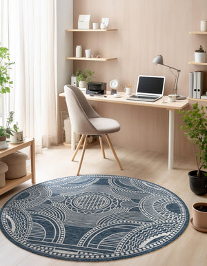 Blue 6' 1 x 6' 1 Outdoor Traditional Round Area Rug Weather Resistant for Patio, Deck, Terrace, Balcony, Porch Classical Design Outside Carpet for Sale at Rug Engine
