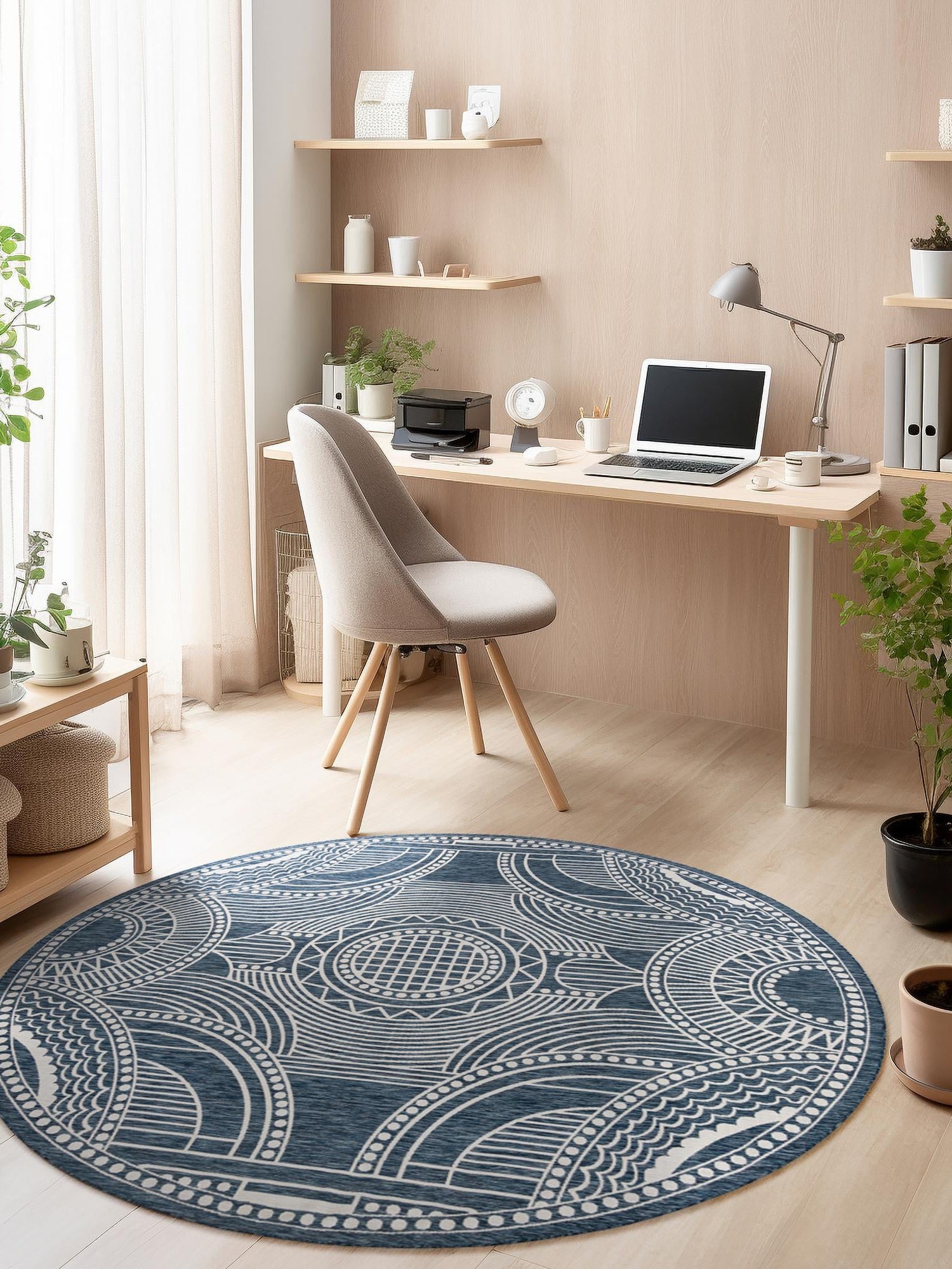 Blue 7' 10 x 7' 10 Outdoor Traditional Round Area Rug Weather Resistant for Patio, Deck, Terrace, Balcony, Porch Classical Design Outside Carpet for Sale at Rug Engine