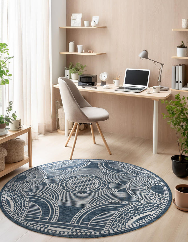 Blue 7' 10 x 7' 10 Outdoor Traditional Round Area Rug Weather Resistant for Patio, Deck, Terrace, Balcony, Porch Classical Design Outside Carpet for Sale at Rug Engine