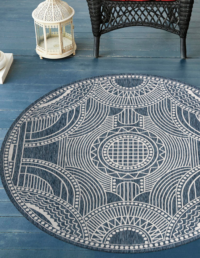 Blue 12' x 12' Outdoor Traditional Round Area Rug Weather Resistant for Patio, Deck, Terrace, Balcony, Porch Classical Design Outside Carpet for Sale at Rug Engine