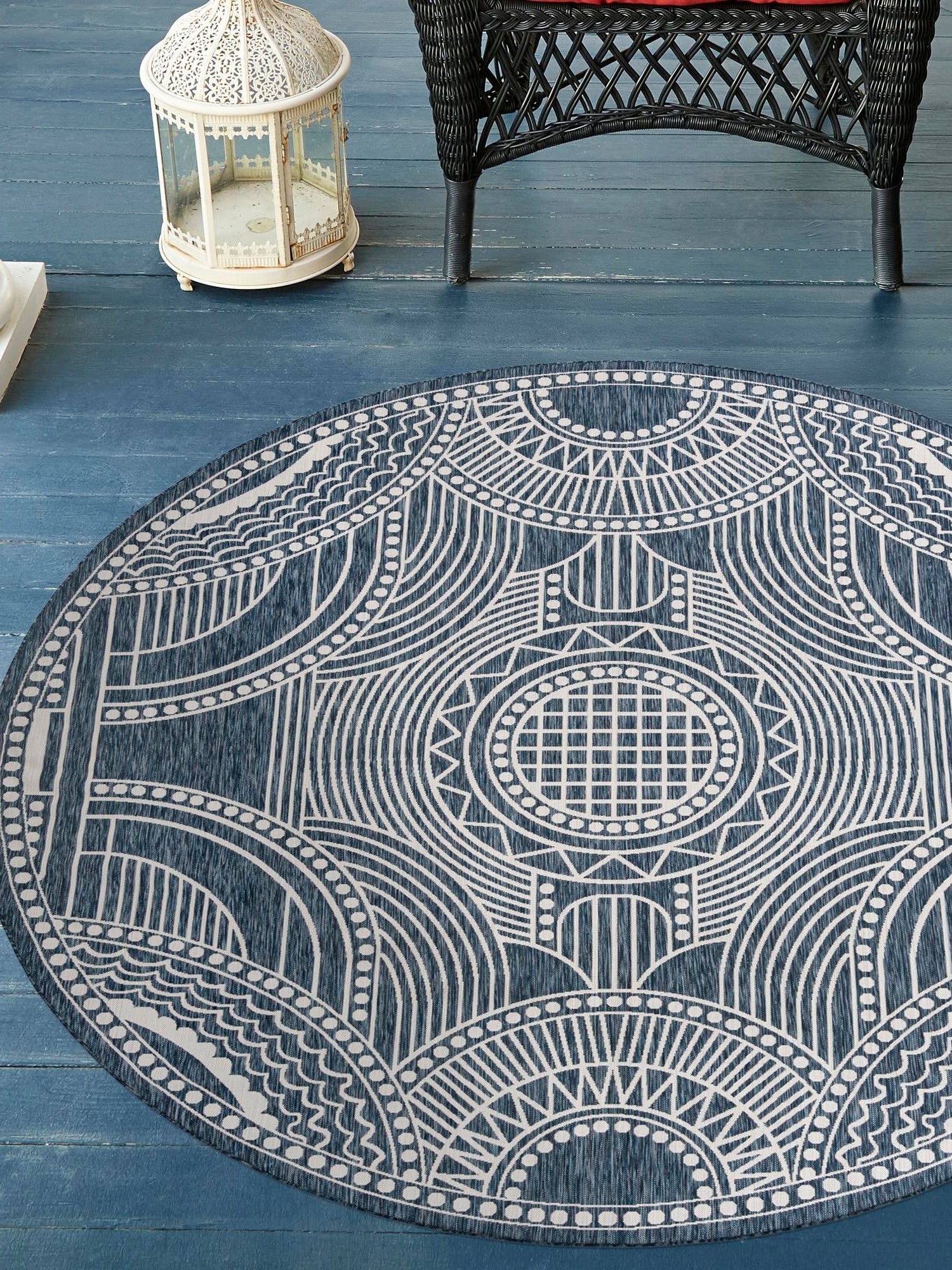 Blue 7' 10 x 7' 10 Outdoor Traditional Round Area Rug Weather Resistant for Patio, Deck, Terrace, Balcony, Porch Classical Design Outside Carpet for Sale at Rug Engine