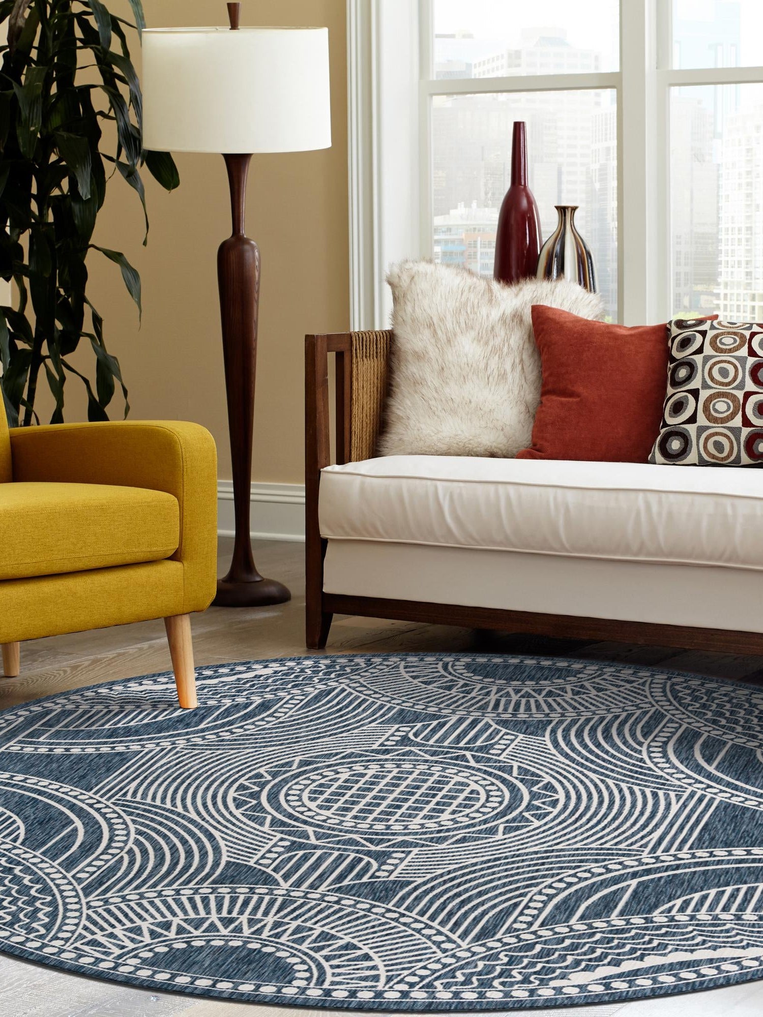 Blue 12' x 12' Outdoor Traditional Round Area Rug Weather Resistant for Patio, Deck, Terrace, Balcony, Porch Classical Design Outside Carpet for Sale at Rug Engine
