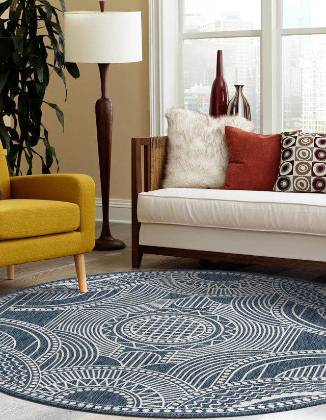 Blue 12' x 12' Outdoor Traditional Round Area Rug Weather Resistant for Patio, Deck, Terrace, Balcony, Porch Classical Design Outside Carpet for Sale at Rug Engine