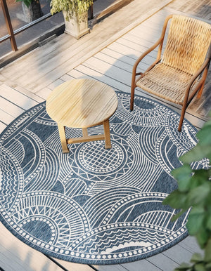 Blue 6' 1 x 6' 1 Outdoor Traditional Round Area Rug Weather Resistant for Patio, Deck, Terrace, Balcony, Porch Classical Design Outside Carpet for Sale at Rug Engine