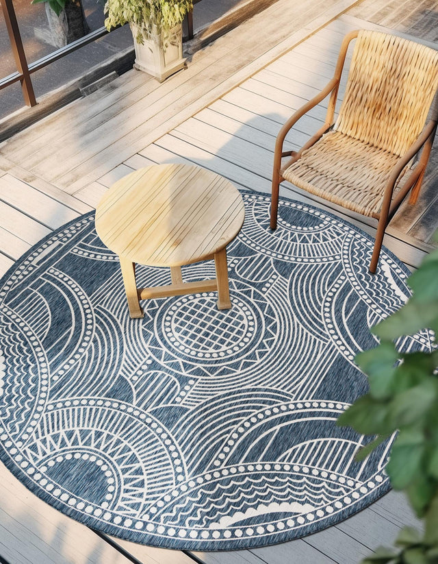 Blue 12' x 12' Outdoor Traditional Round Area Rug Weather Resistant for Patio, Deck, Terrace, Balcony, Porch Classical Design Outside Carpet for Sale at Rug Engine