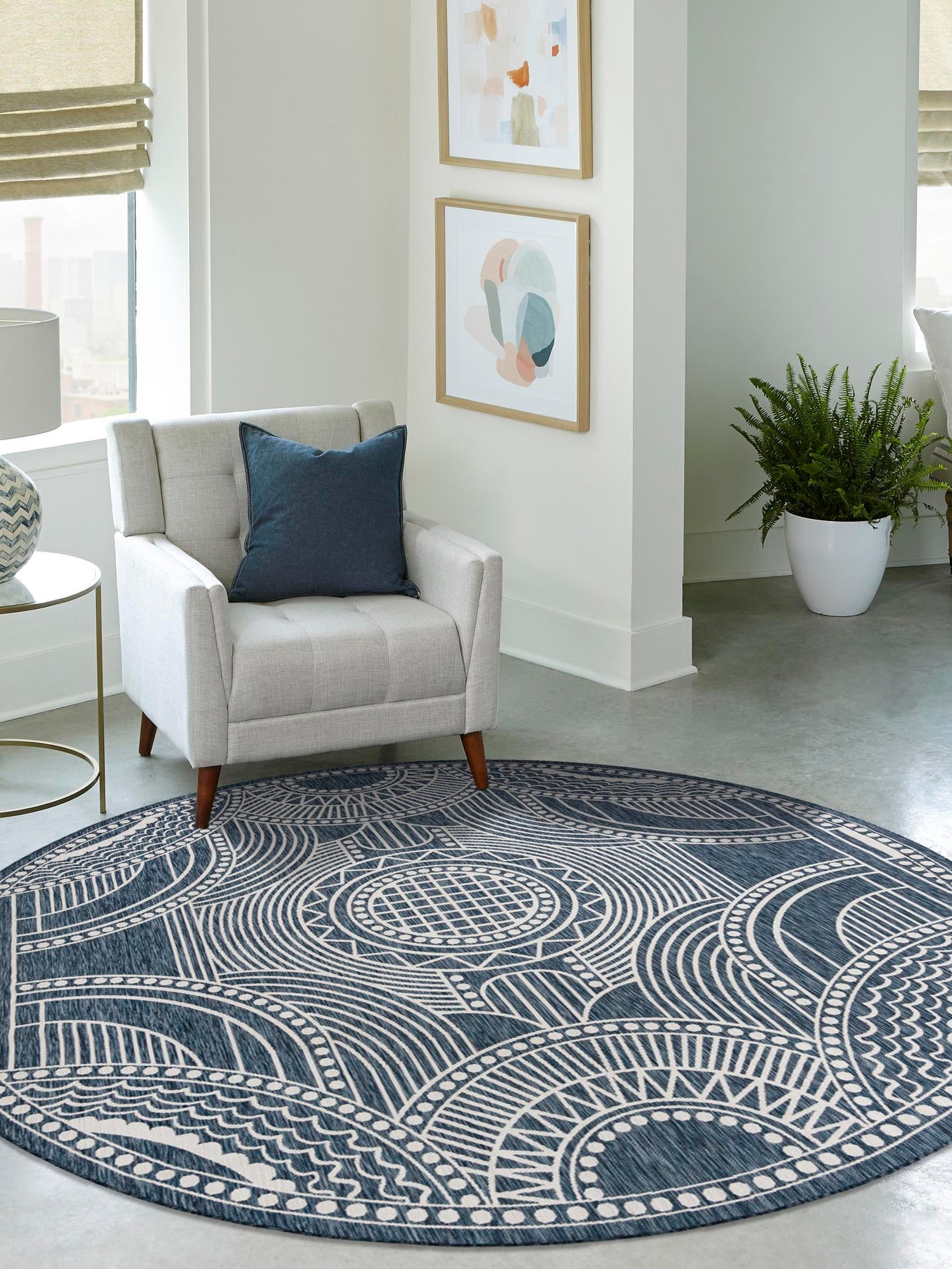 Blue 12' x 12' Outdoor Traditional Round Area Rug Weather Resistant for Patio, Deck, Terrace, Balcony, Porch Classical Design Outside Carpet for Sale at Rug Engine